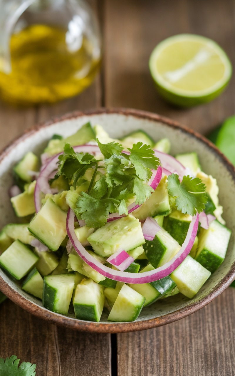 A refreshing keto cucumber avocado salad with diced cucumbers, avocado, red onion, and cilantro, served in a rustic bowl.